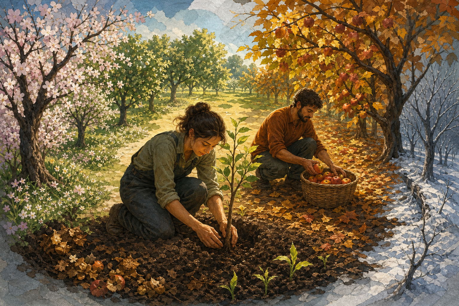 A person tends a young sapling in an orchard that transitions through spring, summer, autumn, and winter around them.