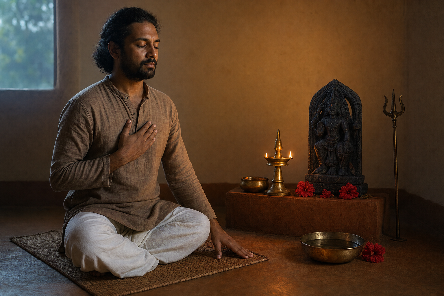 A practitioner meditates on a woven mat with one hand on the heart and one touching the floor before a small Bhairava shrine and oil lamp.
