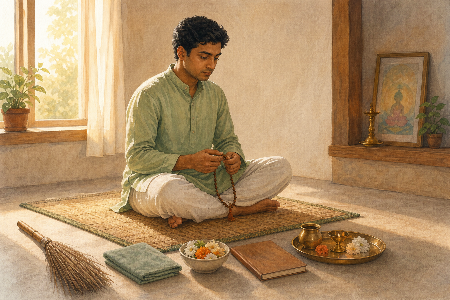 A devotee sits upright with prayer beads beside flowers, a broom, folded cloth, and a prepared offering tray at dawn.