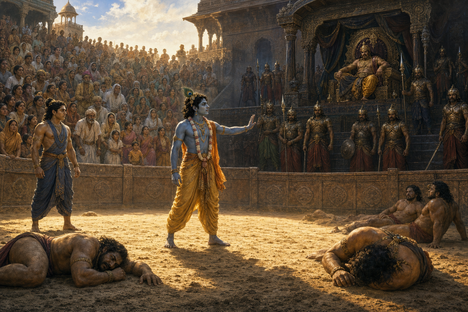 Krishna stands between the spectators and Kamsa's armed royal dais while defeated wrestlers rest on the arena floor and Balarama watches the guards.