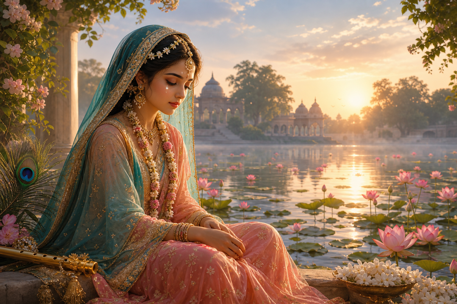 Sri Radha meditates beside a lotus pond in Vrindavan at dawn with a luminous tear of devotion.