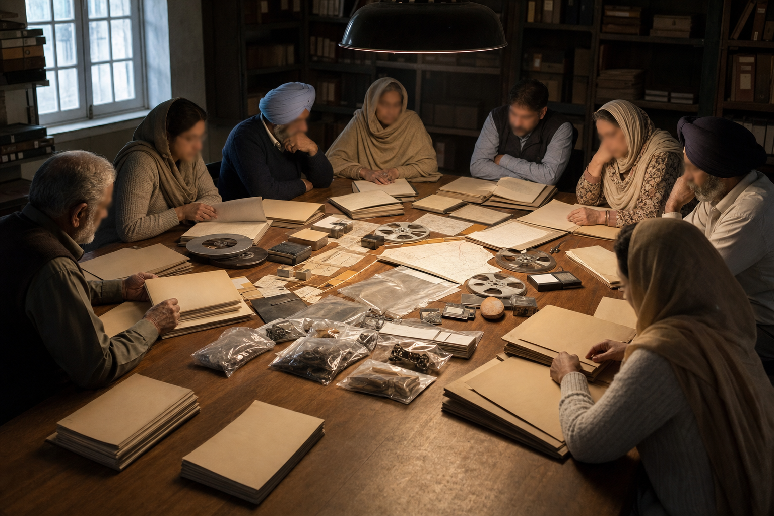 Researchers and relatives compare folders, recordings, maps and preserved objects around a records-room table.