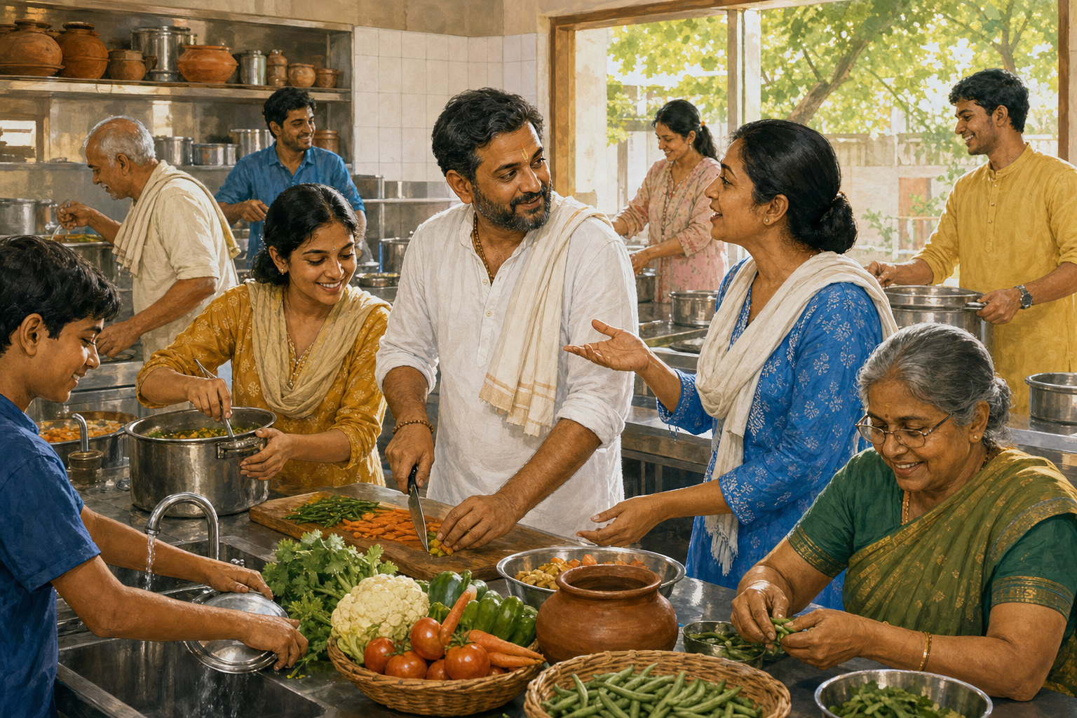 A devotee works alongside a diverse group of volunteers preparing a communal meal in a bright temple kitchen.