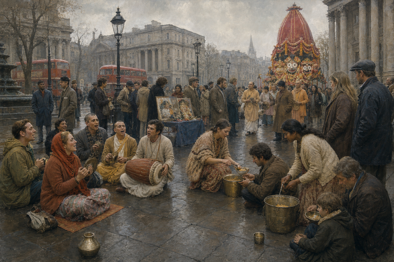 Devotees sing, play drums and cymbals, serve vegetarian food, and welcome onlookers as a Jagannath procession enters a historic London square.