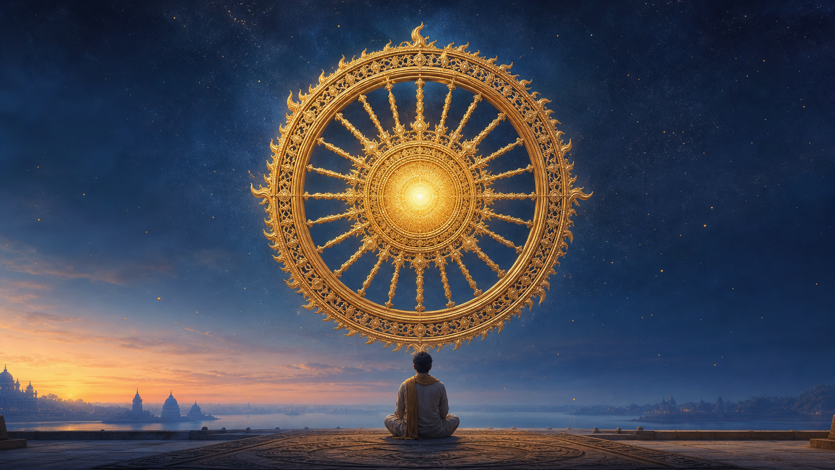 A seated practitioner contemplates a luminous golden discus with a still center and flame-like outer rim against a deep indigo background.