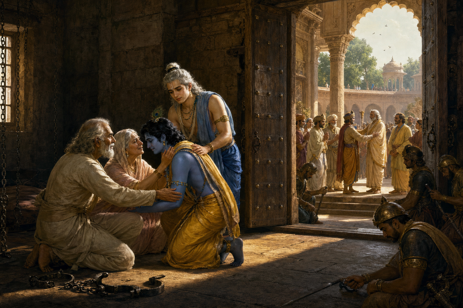 Krishna and Balarama free Vasudeva and Devaki from a palace prison as ministers and citizens receive Ugrasena in a nearby hall.