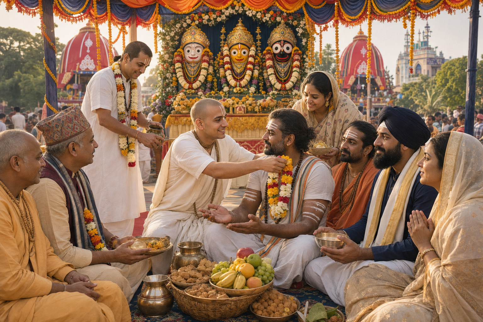 Vaishnava hosts offer garlands, water, and vegetarian food to Hindu guests with distinct devotional dress and markings beneath a festival canopy.