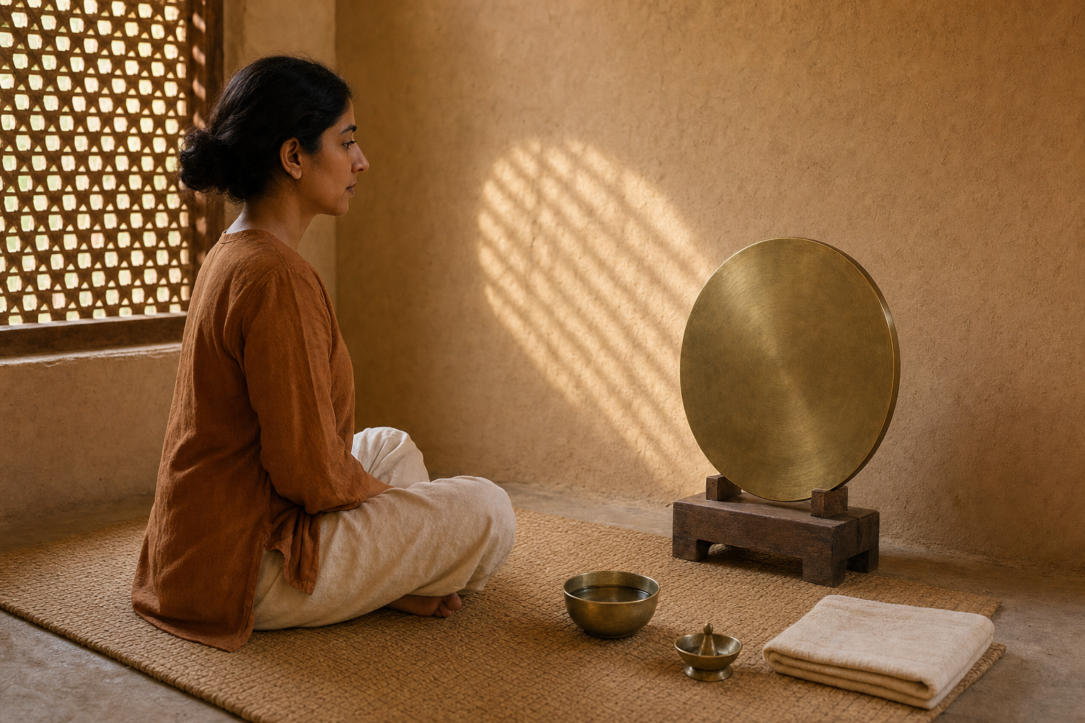 A practitioner sits on a woven mat and looks toward a simple brass wheel in a softly lit home alcove.
