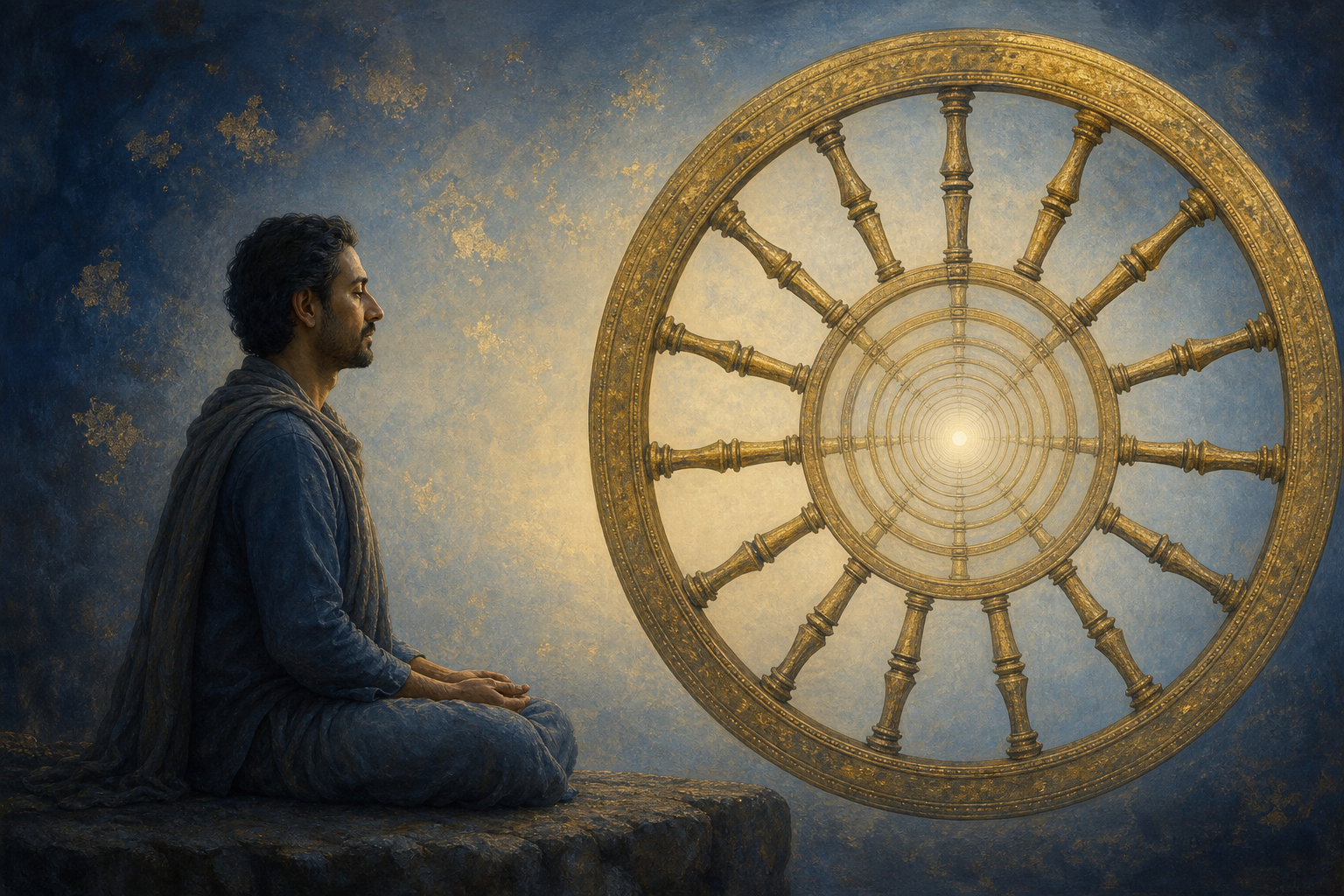 A seated practitioner faces a golden wheel whose detailed outer rim leads toward a small, steady light at its center.