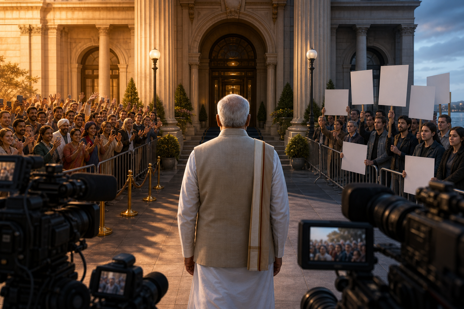 Television cameras frame an anonymous diplomat between a welcoming crowd and a smaller group of peaceful protesters outside a civic venue.