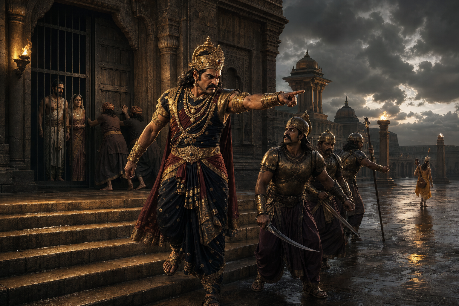 Kamsa orders guards toward a palace prison while Devaki and Vasudeva stand behind its closing doors and Narada departs in the distance.