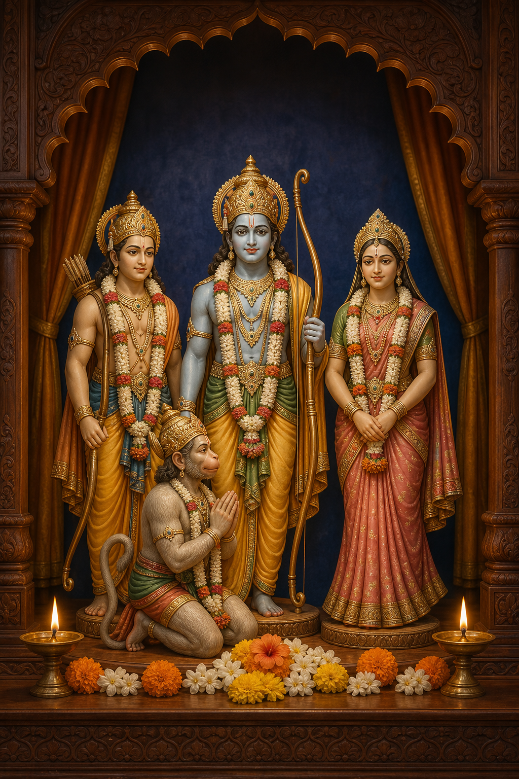 A home shrine with standing murtis of Rama, Sita, and Lakshmana above a kneeling Hanuman, surrounded by flower garlands and oil lamps.