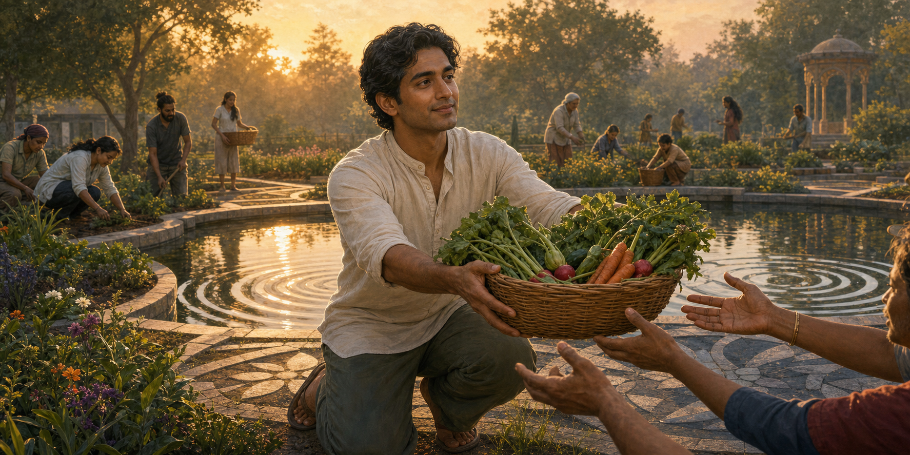 A calm volunteer passes a basket of vegetables to waiting hands in a community garden as ripples spread across a nearby reflecting pool.