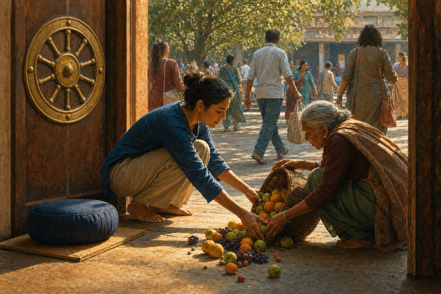 A calm person helps an older adult gather spilled fruit at the entrance to a busy sunlit courtyard.