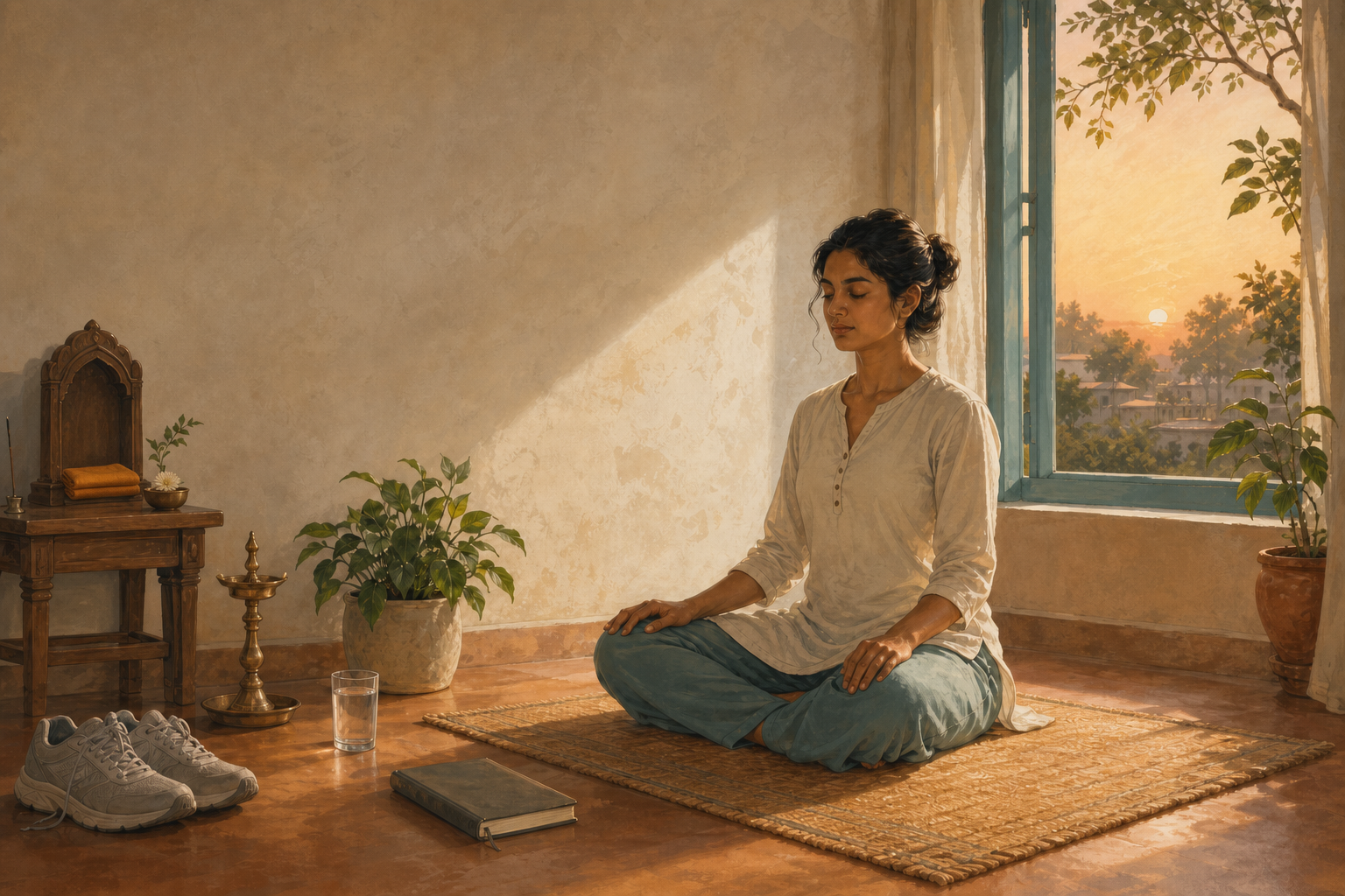 An adult practices quiet seated breathing at dawn in a simple room with a home shrine, plant, water, notebook, and walking shoes nearby.