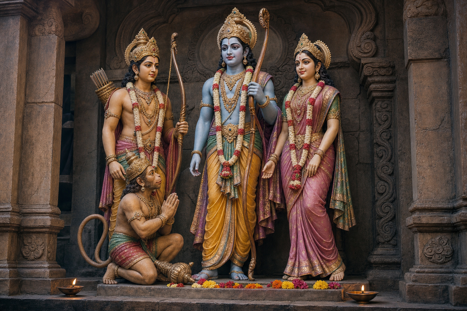 Rama, Sita, Lakshmana, and kneeling Hanuman arranged at different heights, with bows, crowns, gestures, and lines of gaze clearly visible.