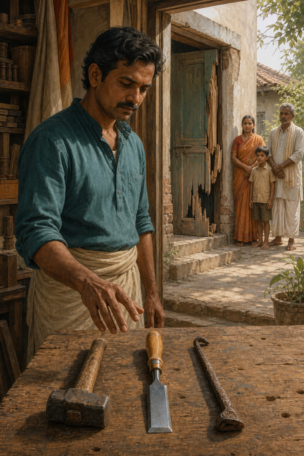A craftsperson pauses to choose the appropriate tool before repairing a neighbor's damaged wooden doorway.