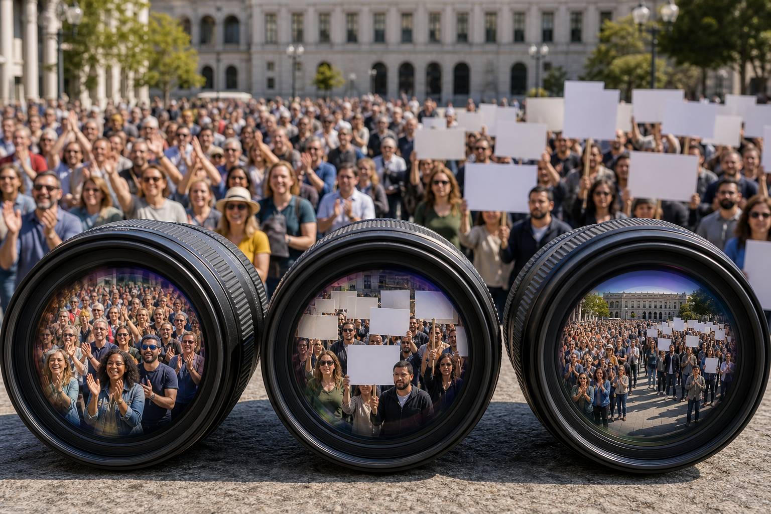 Three camera lenses select different views of the same gathering, including supporters, protesters and the wider scene.