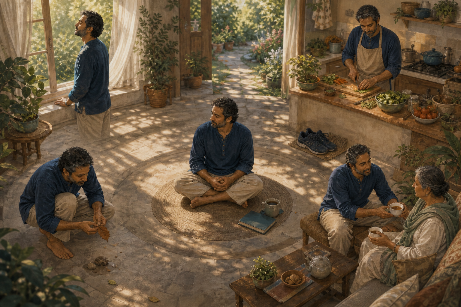A central seated adult is surrounded by scenes of mindful observation, calm breathing, healthy routines, and compassionate connection with another person.