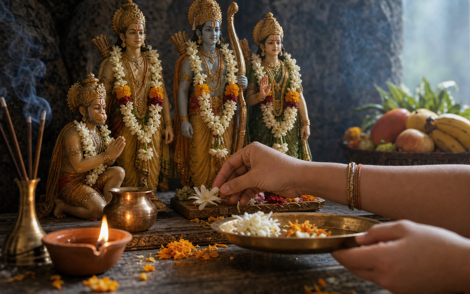 A devotee's hands place a jasmine flower before garlanded murtis of Rama, Sita, Lakshmana, and Hanuman beside a lamp and brass puja objects.