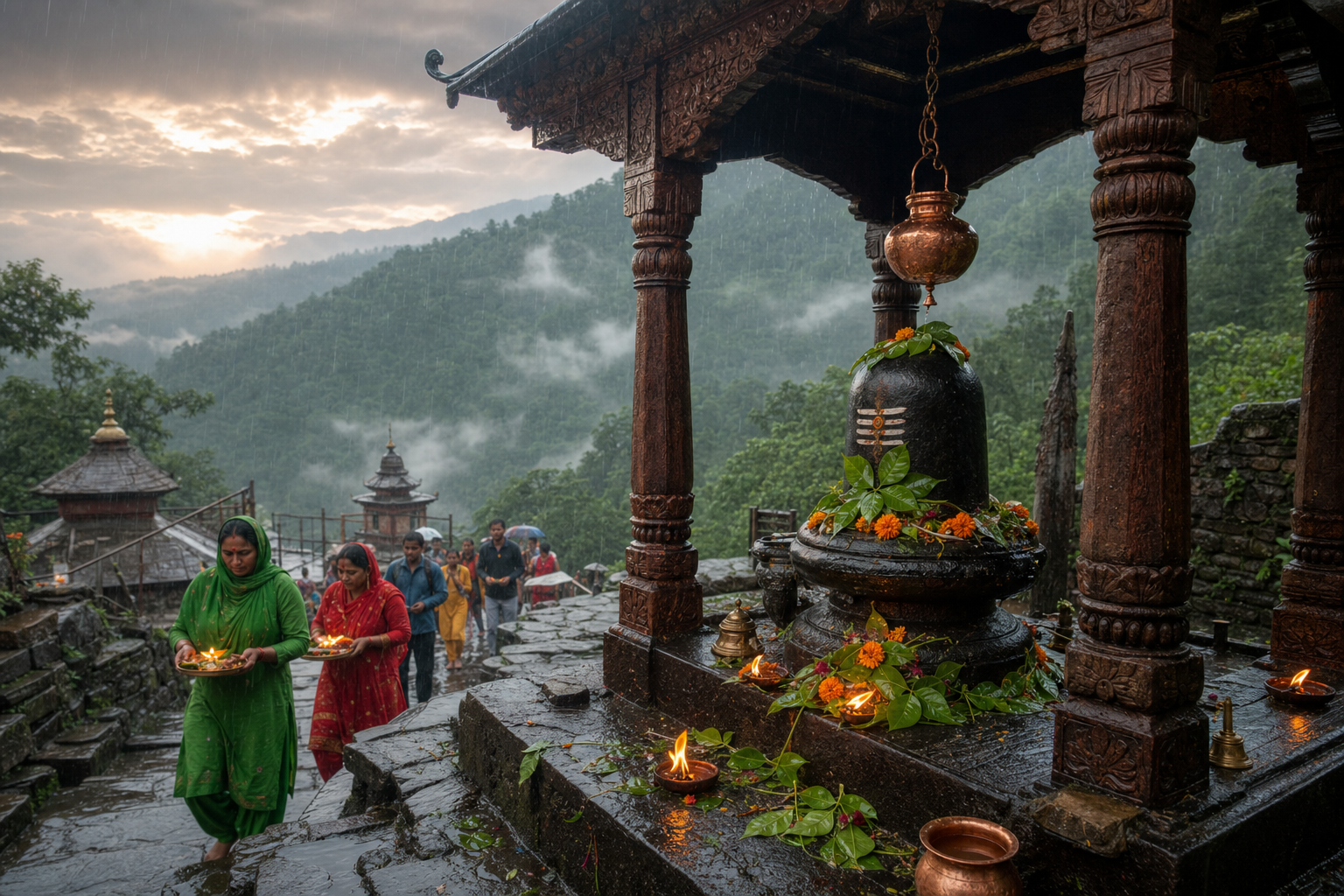 Nepalese devotees carry offerings toward a Shiva shrine on rain-wet stone steps during the monsoon.