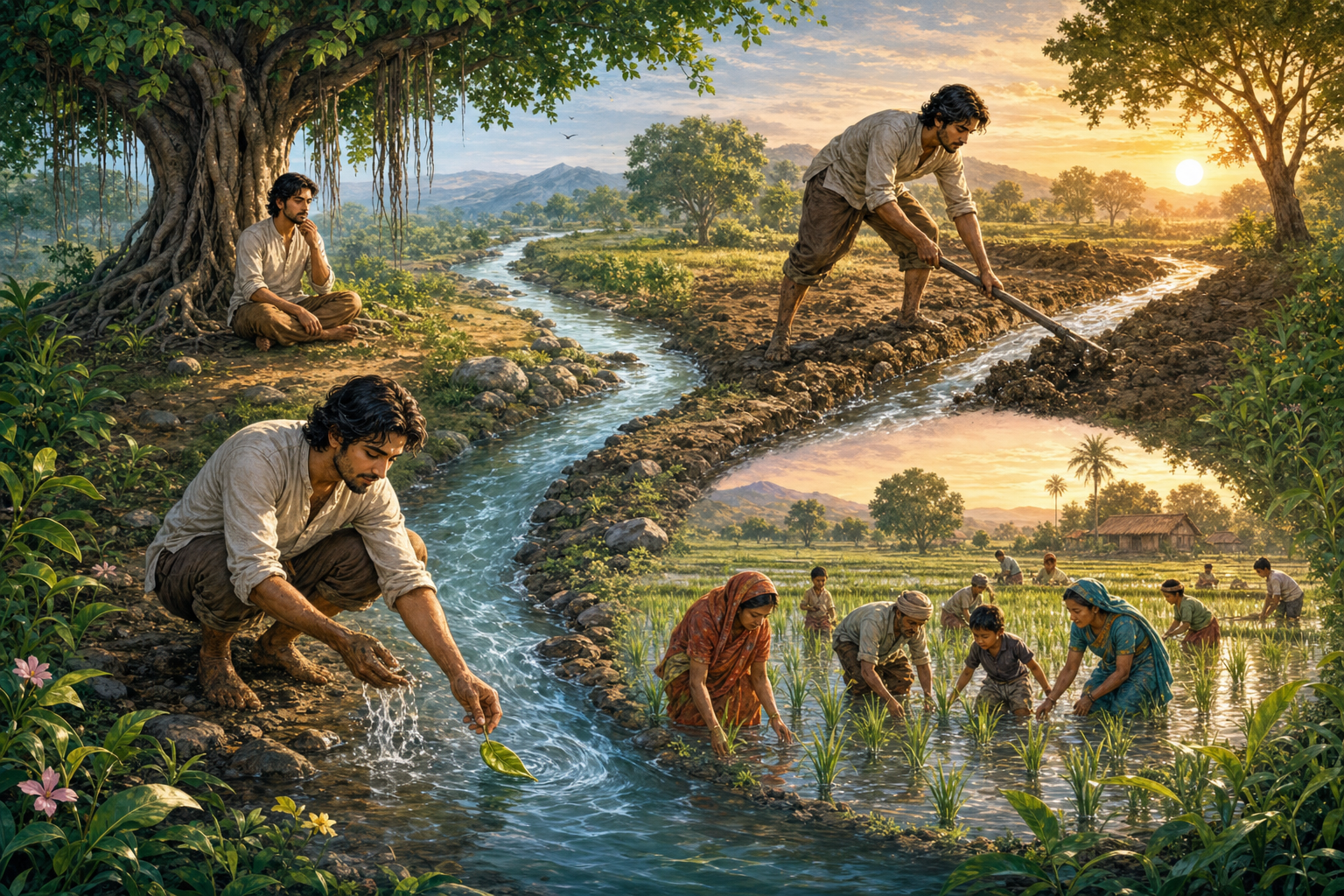 Four connected scenes show a person reflecting, clearing an irrigation channel, helping water reach a shared field, and releasing a leaf into the stream afterward.