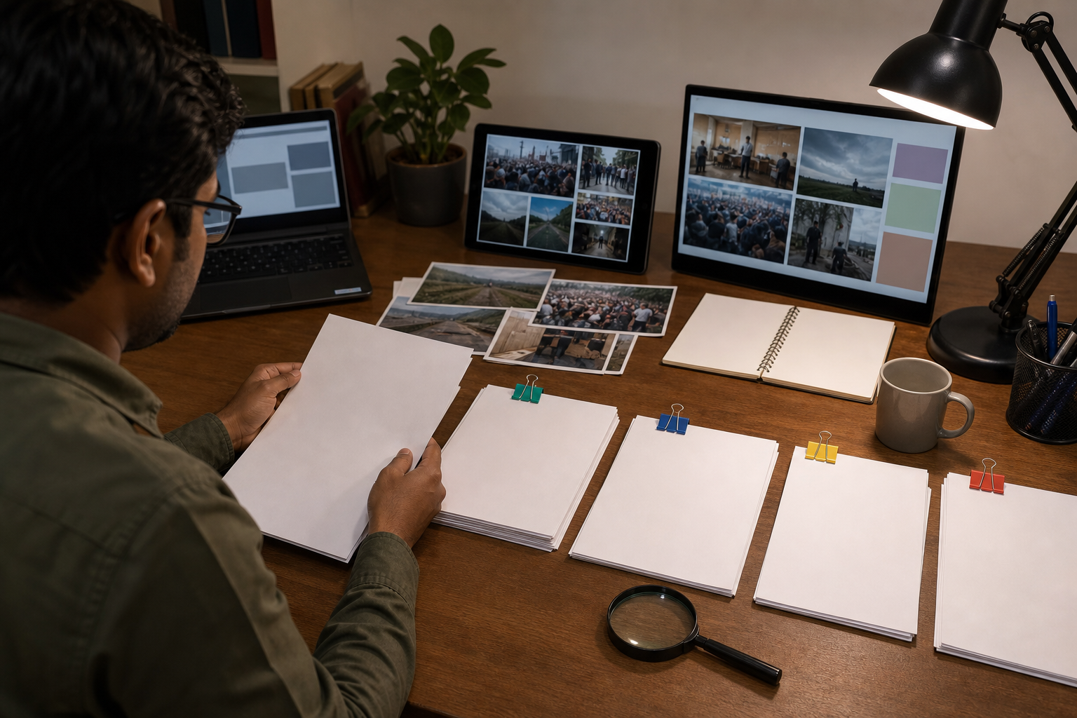 A reader uses photographs, blank source documents and a magnifying glass to compare and sort evidence at a desk.