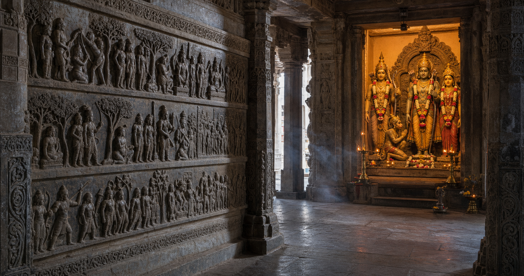 Ramayana narrative reliefs line a temple wall while a garlanded shrine of Rama, Sita, Lakshmana, and Hanuman glows with lamp light in the background.