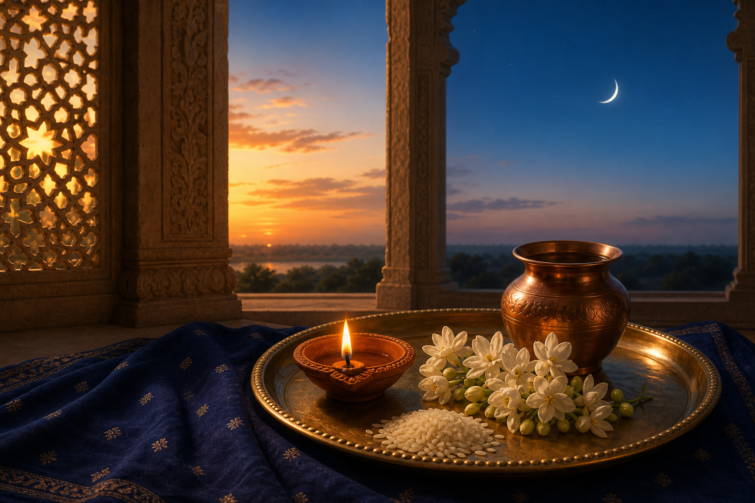 A brass puja tray with a lit clay lamp, jasmine flowers, rice, and a copper vessel beside a window overlooking a young crescent Moon at twilight.
