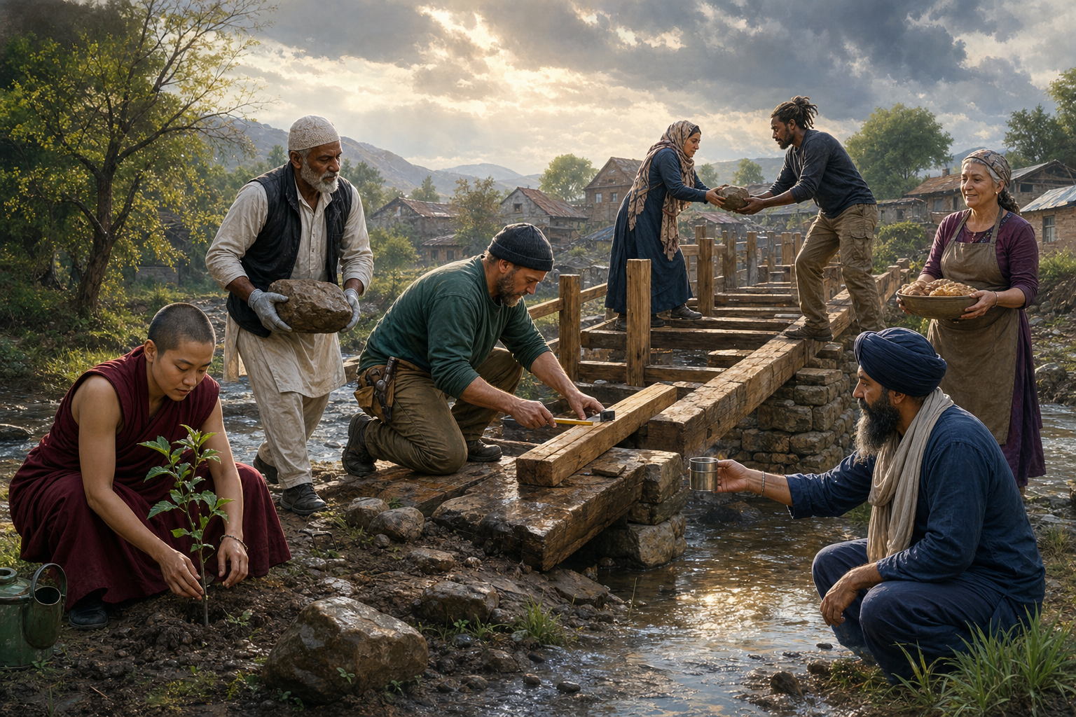 People with varied clothing and roles work together to rebuild a footbridge, carry materials, prepare food, offer water, and tend a sapling.