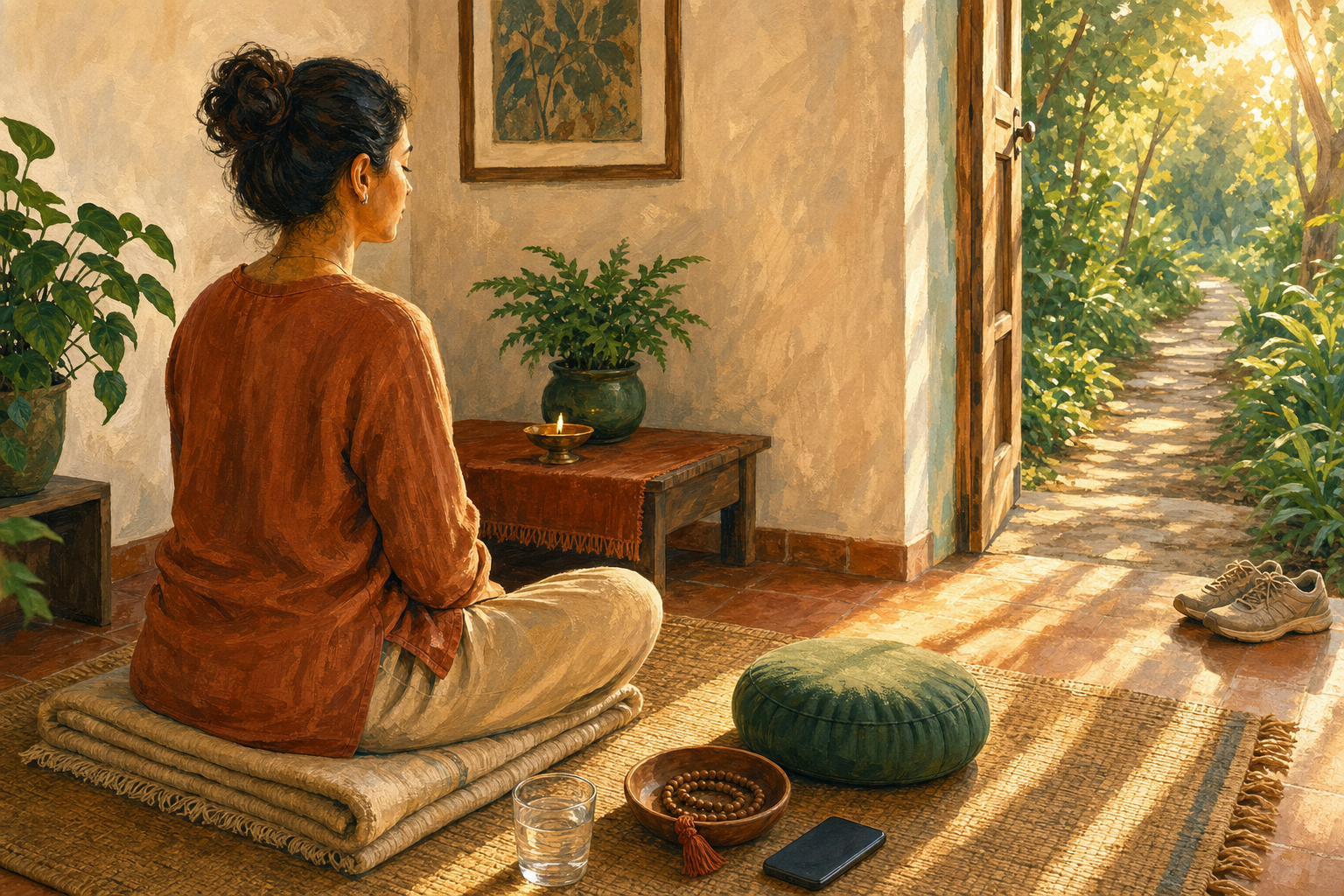 An adult begins a morning spiritual routine beside a small lamp, meditation cushion, water, prayer beads, and walking shoes near an open door.