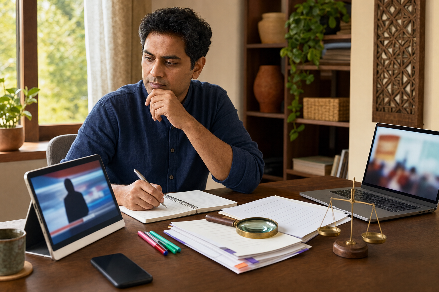 A reader in a home study calmly compares a news broadcast with source documents and a full-event video before responding.