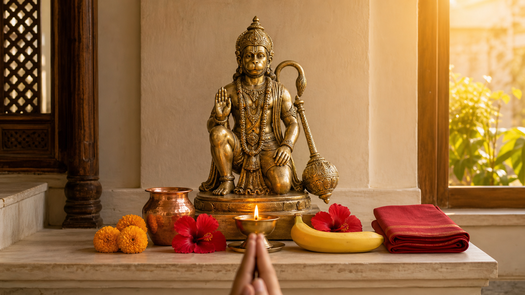 A devotee folds their hands before a small brass Hanuman shrine with a lit lamp, flowers, fruit, and a water vessel at dawn.