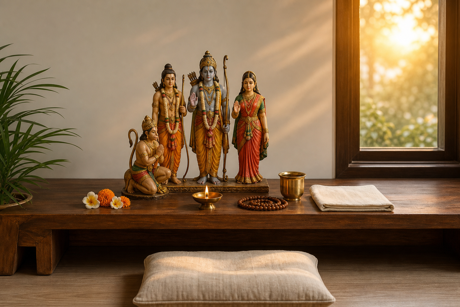 A small home altar with murtis of Rama, Sita, Lakshmana, and Hanuman, a lit oil lamp, fresh flowers, prayer beads, and an empty floor cushion.