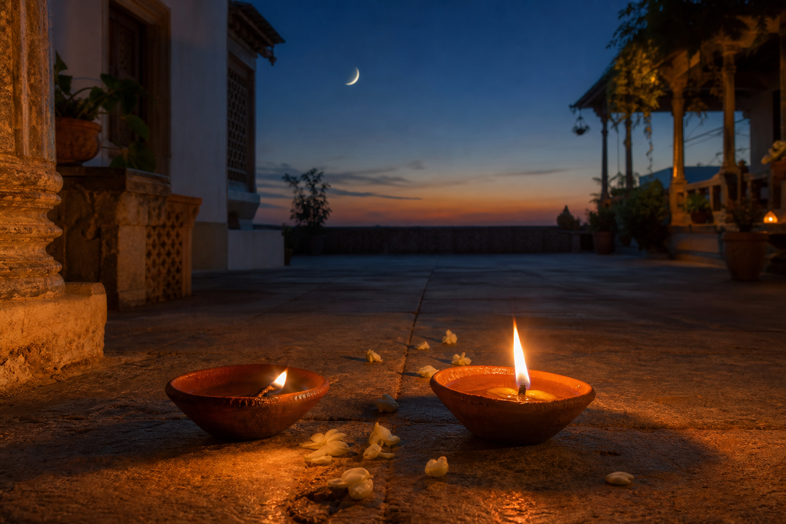 Two clay lamps mark a subtle threshold in a twilight courtyard beneath a young waxing crescent Moon.