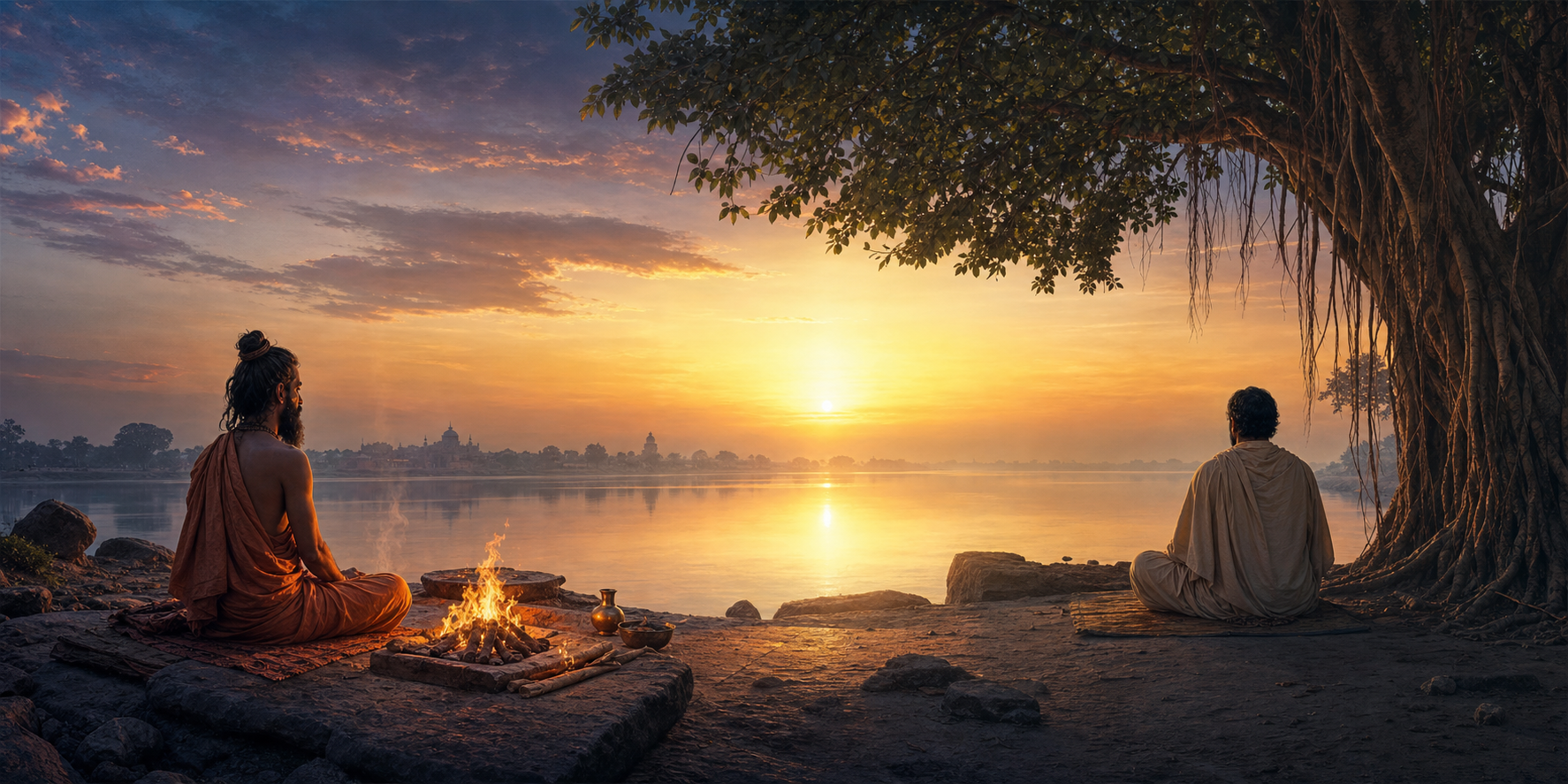 Two contemplative figures sit beside a river at dawn, one near a small sacred fire and the other beneath a banyan tree, facing the same bright horizon.
