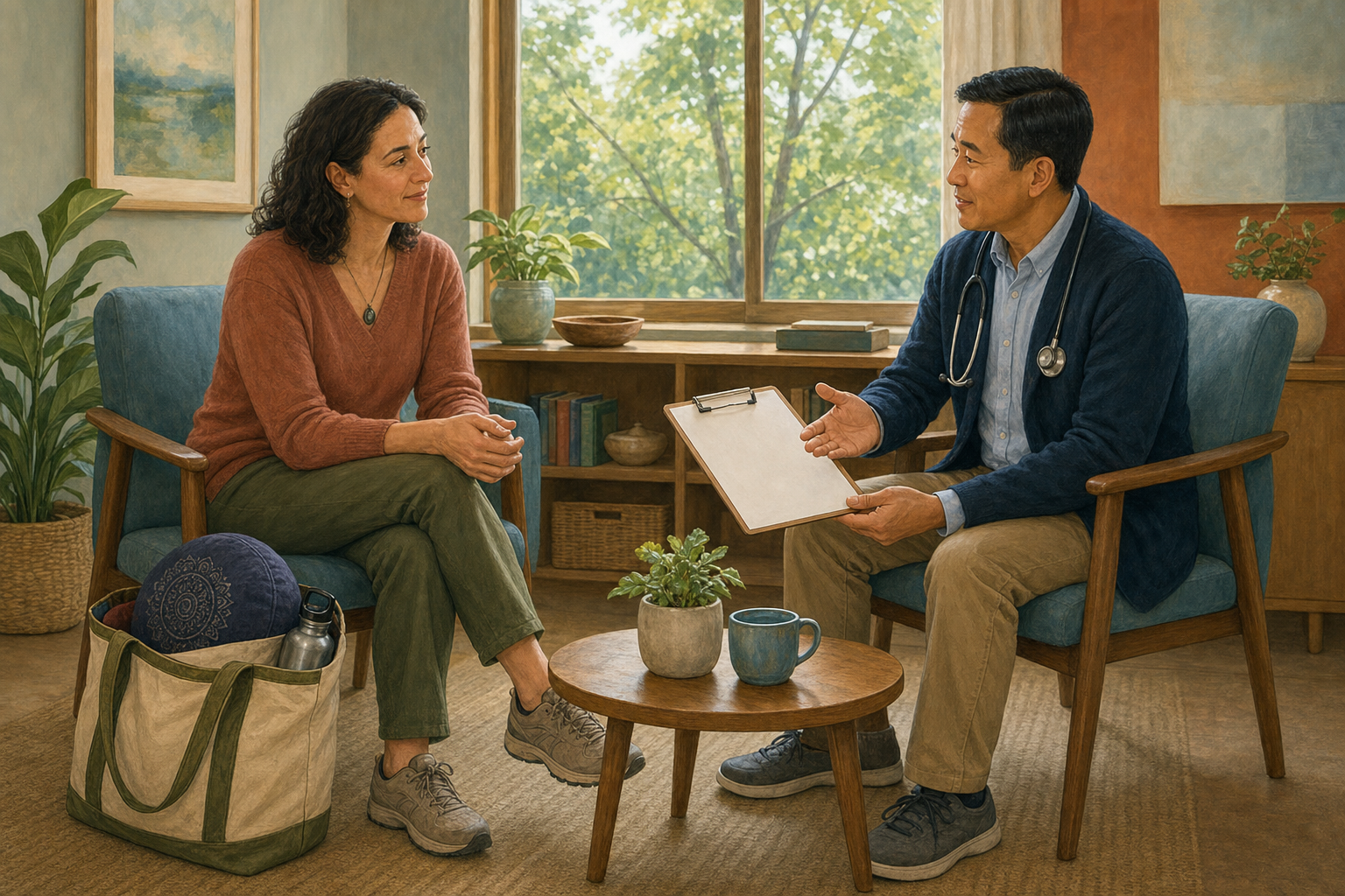 An adult with a meditation cushion in a tote bag speaks with an attentive clinician in a sunlit consultation room.