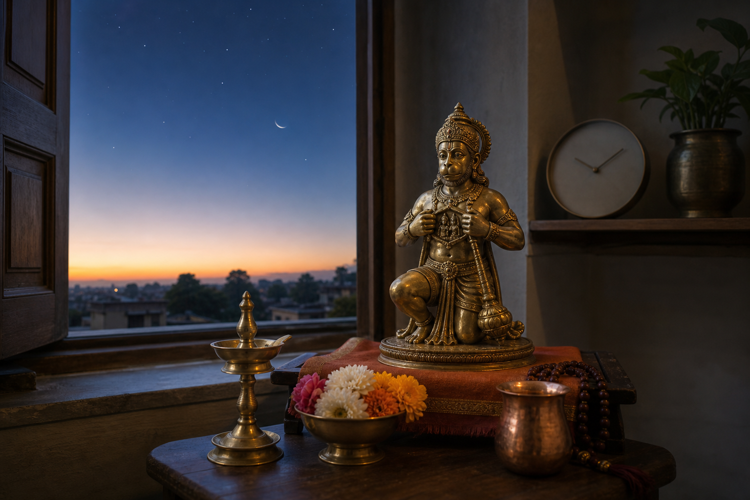 A prepared Hanuman shrine stands by an east-facing window as a crescent moon fades and sunrise begins.