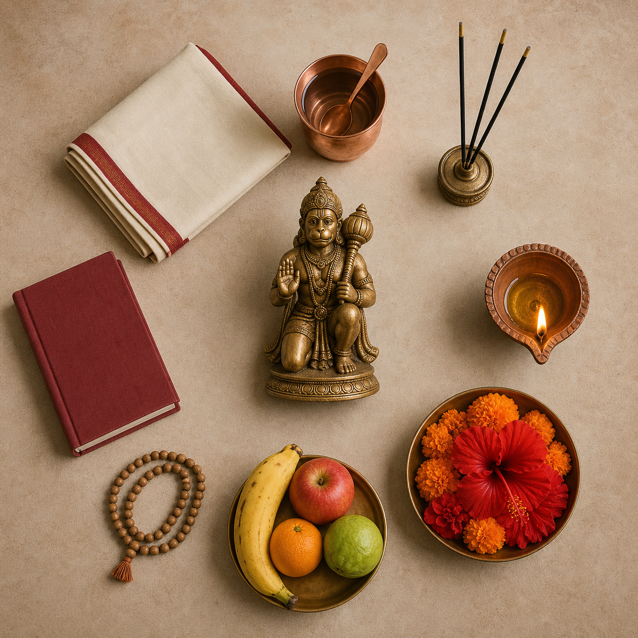 A brass Hanuman murti is surrounded by an orderly arrangement of water, incense, a lamp, flowers, fruit, prayer beads, and a closed book.