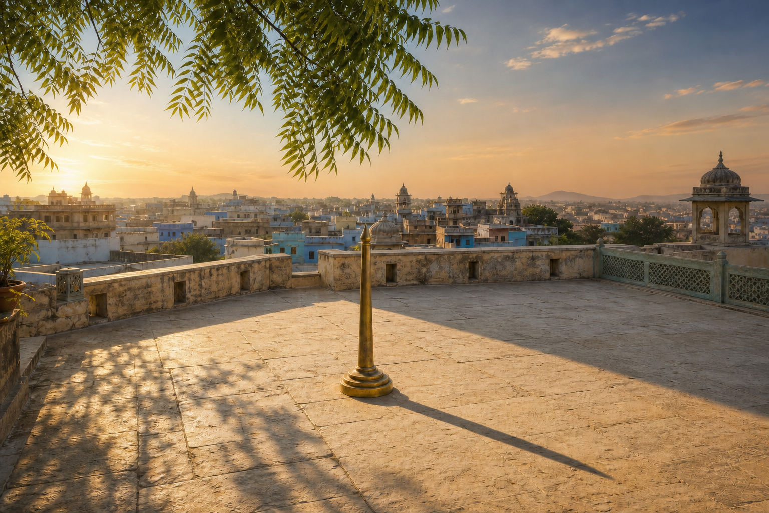 A brass gnomon casts a long shadow across a sunlit Indian courtyard framed by neem leaves and distant rooftops.