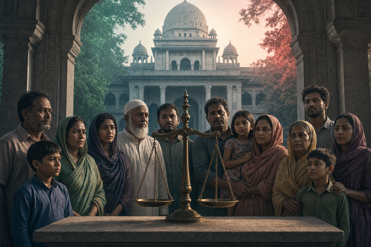 Editorial illustration of balance scales before a South Asian courthouse, with families gathered beneath a protective canopy.