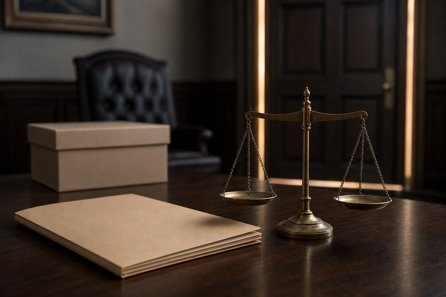 An unmarked legal folder and balanced brass scales on a courtroom desk beside an unopened evidence box.