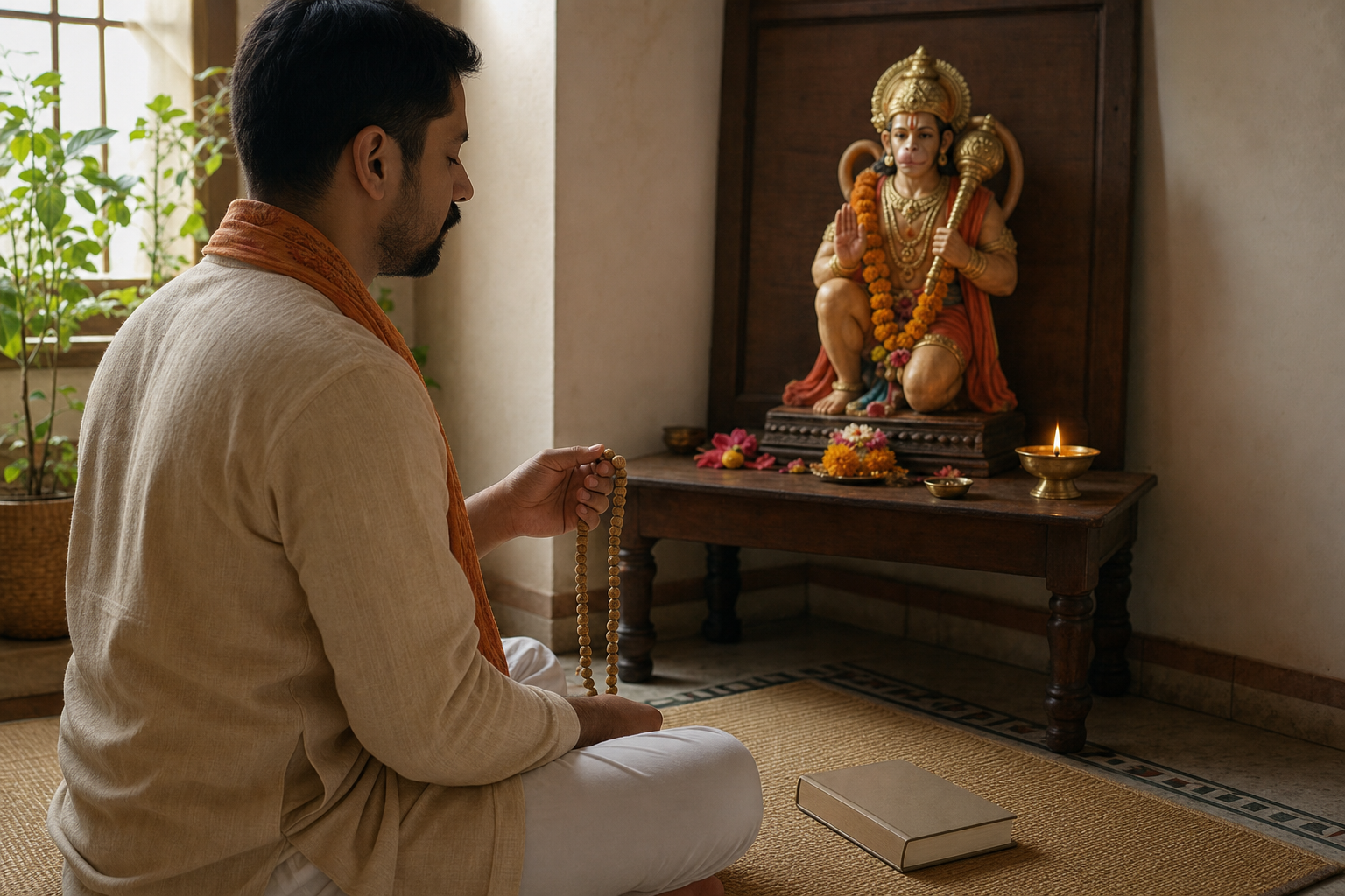 A seated devotee quietly chants with tulsi prayer beads before a small Hanuman shrine and glowing lamp.