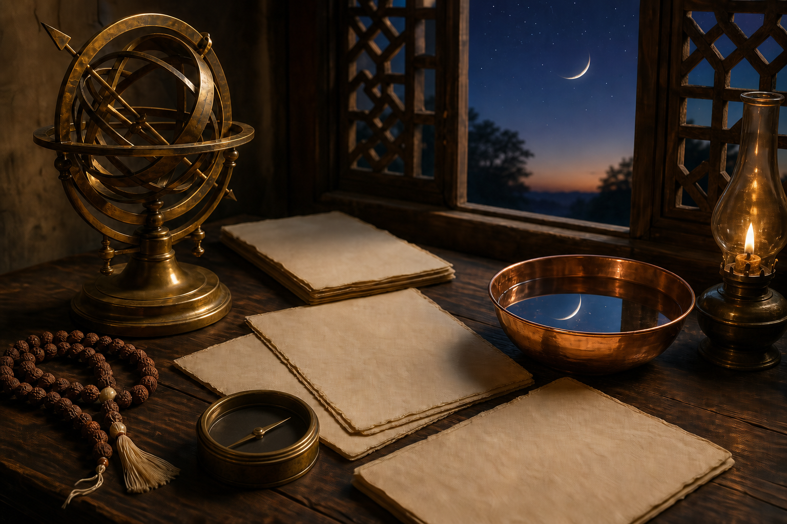 A brass astronomical instrument, compass, prayer beads, blank folios, and a moon-reflecting copper bowl rest on a wooden table by a twilight window.
