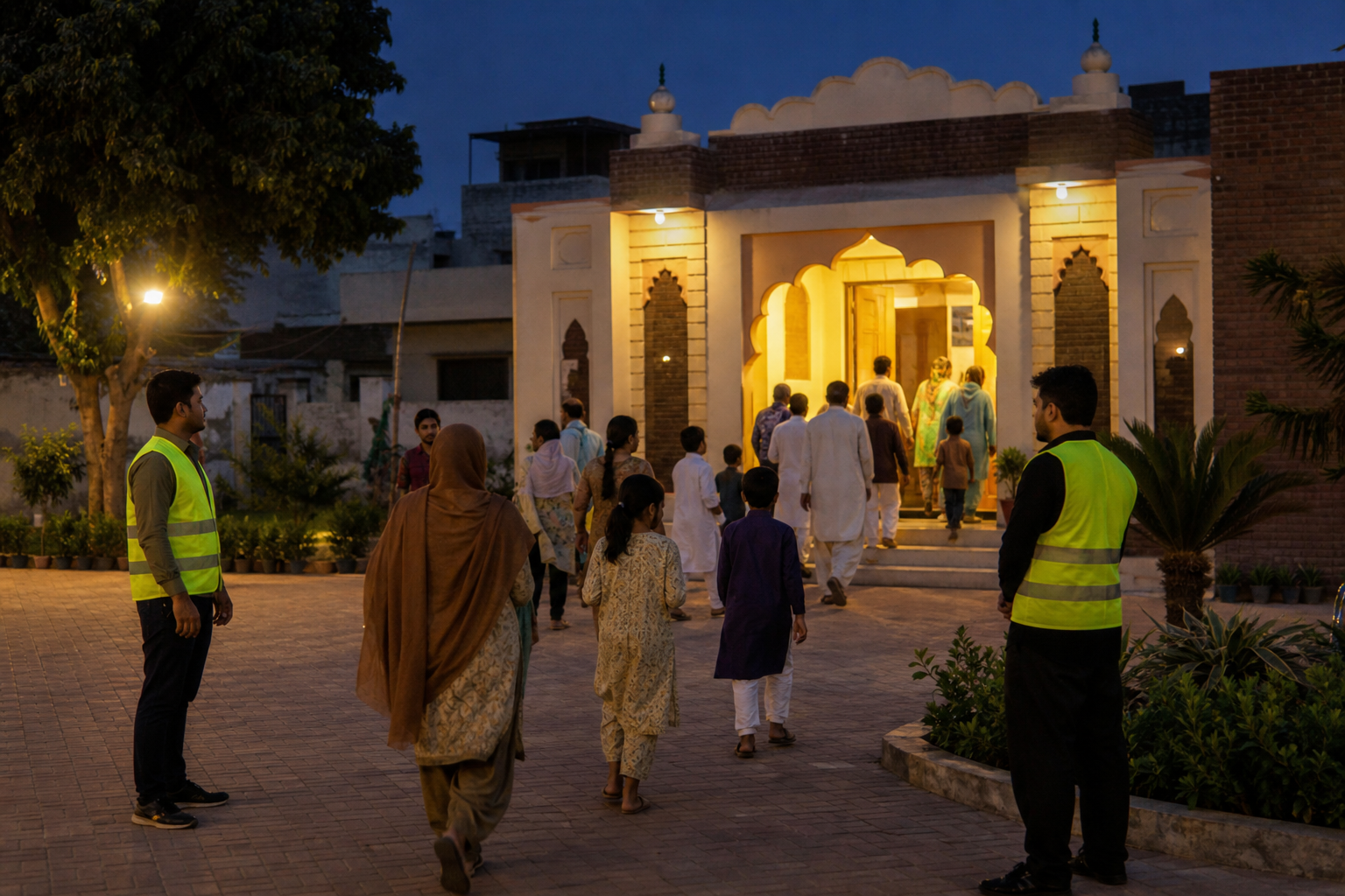 Residents walk past a well-lit South Asian place of worship while community safety volunteers watch the entrance.