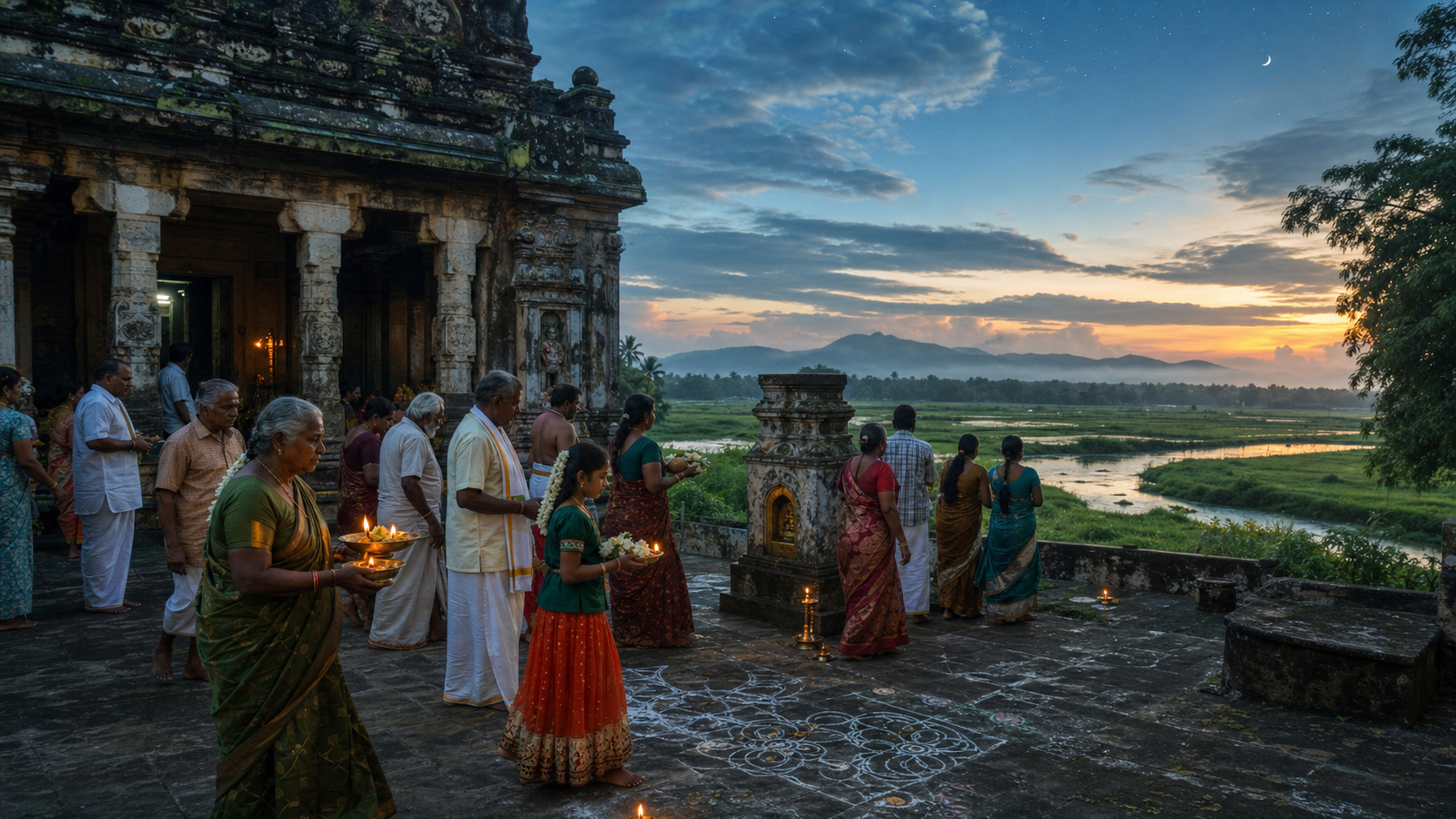 Tamil devotees carrying lamps and flower offerings enter an Amman temple courtyard at dawn, with a river and green paddy fields beyond.