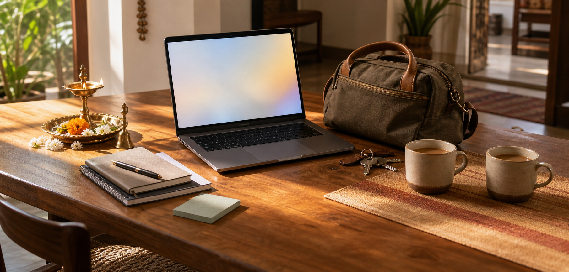 A tabletop is arranged with puja items, an unbranded laptop, a travel bag, keys, and two cups for a planned day of worship, work, travel, and conversation.
