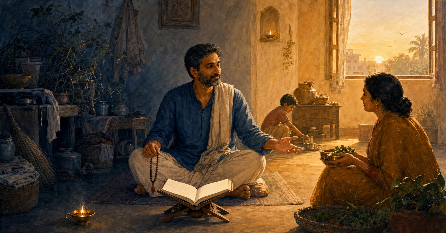 An Indian householder sits with prayer beads beside an open sacred book at dawn, turning calmly toward a family member as warm light enters the room.
