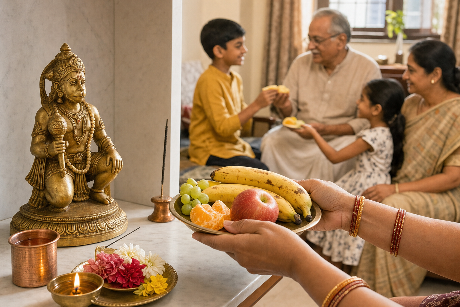 Hands carry blessed fruit from a simple Hanuman shrine while family members share food with an elderly guest in the background.