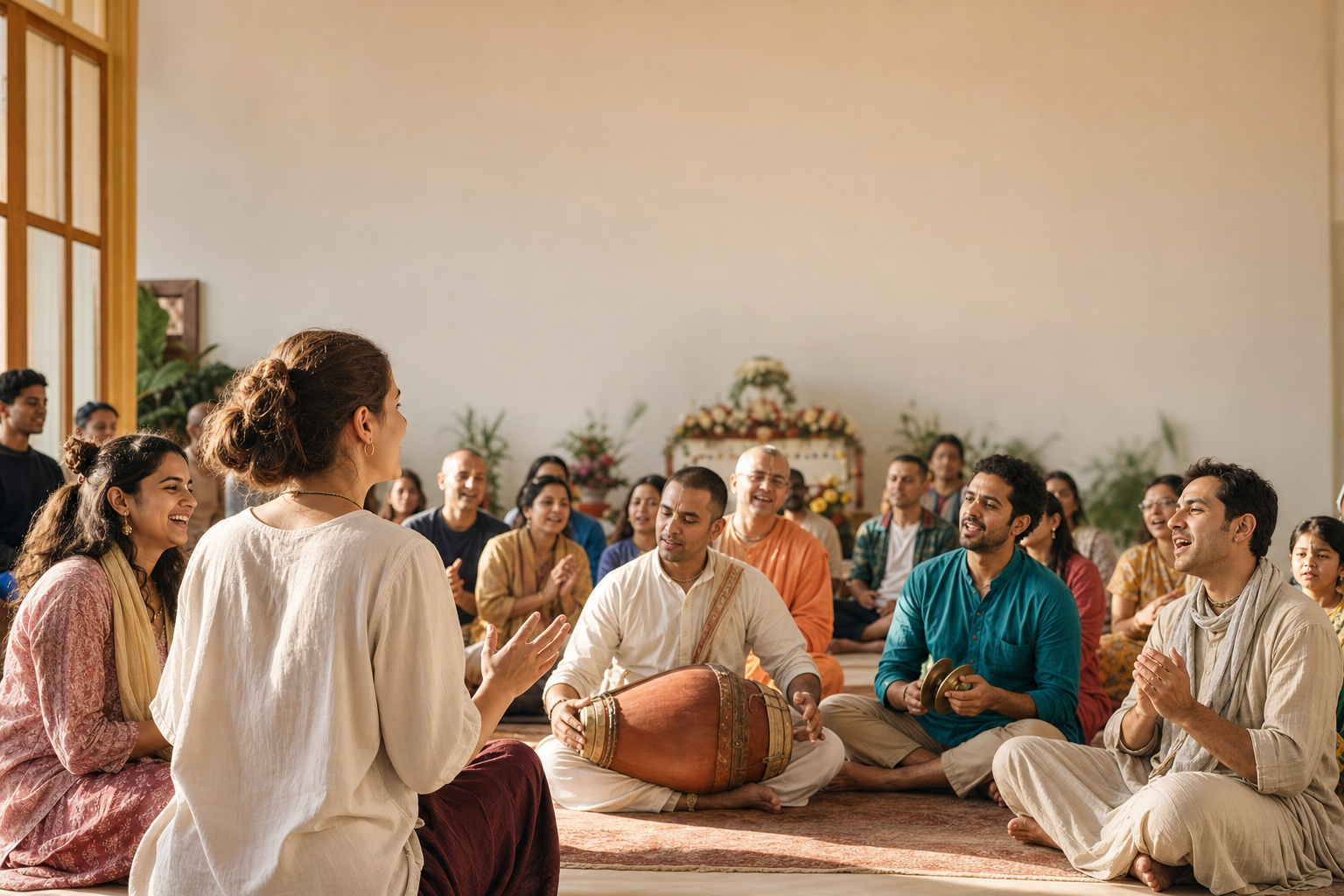 A newcomer joins a diverse temple congregation during a call-and-response kirtan with a drum and hand cymbals.